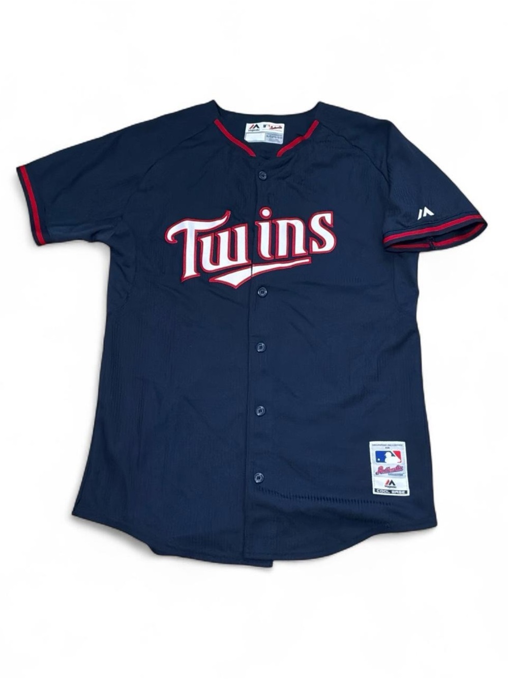 Majestic Navy Twins Baseball Jersey with Red Trim